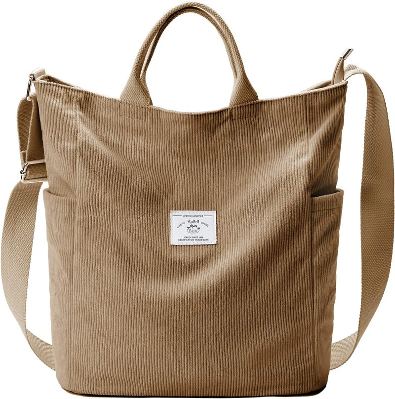 KALIDI Corduroy Tote Bag, Large Messenger Bag Shoulder Hobo Anti Splash Crossbody Zipper Bag Casual Work Shopping Women - Image 1